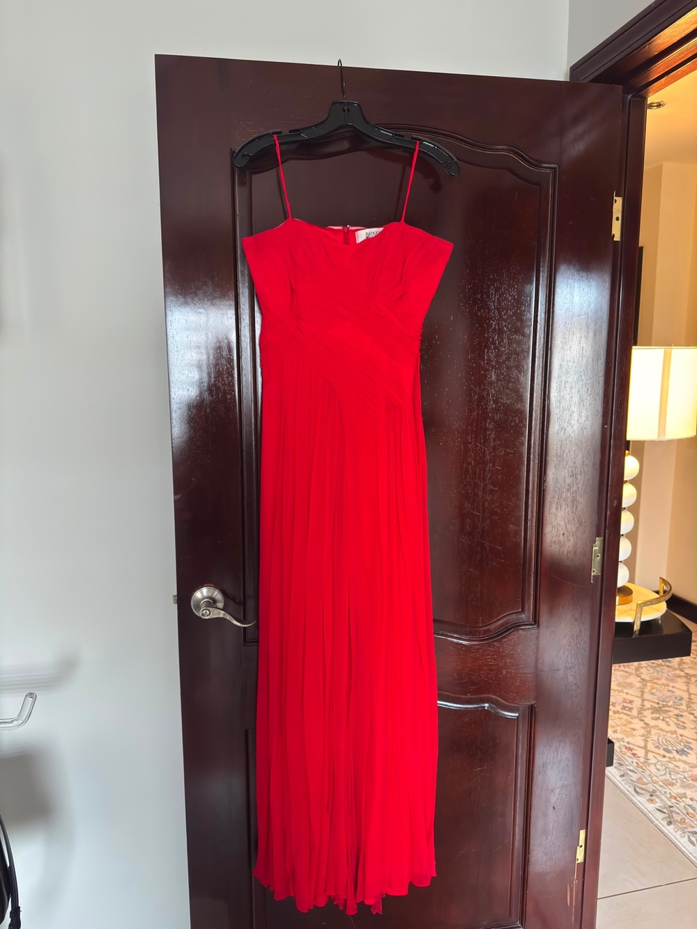 Badgley Mischka Elegant Red Spaghetti-Strap Evening Dress